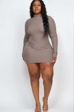 Plus Size Ribbed Long Sleeve Mock Neck Mini Bodycon Dress - Pikemla