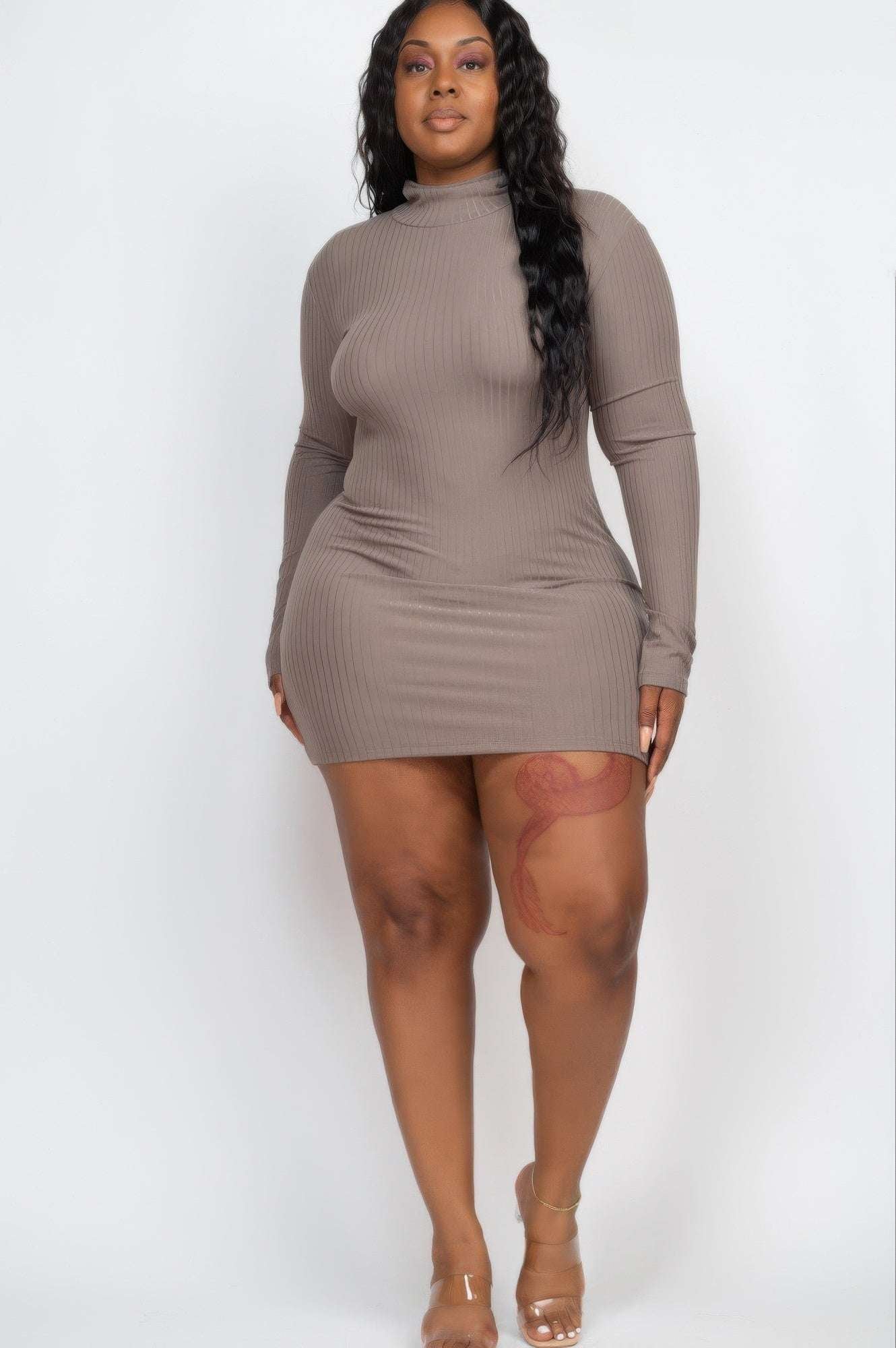 Plus Size Ribbed Long Sleeve Mock Neck Mini Bodycon Dress - Pikemla
