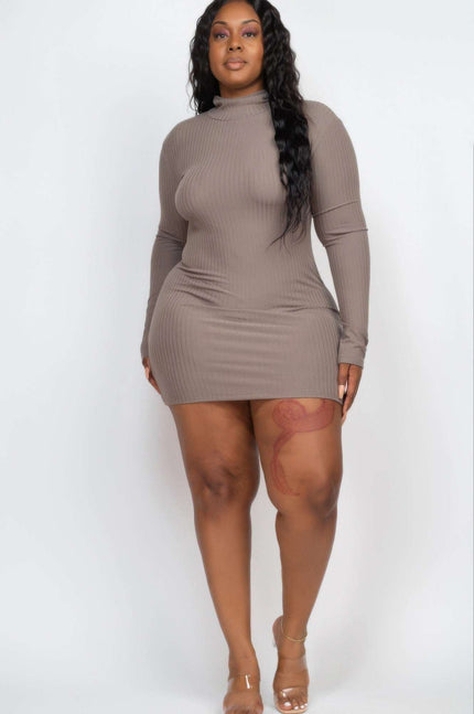 Plus Size Ribbed Long Sleeve Mock Neck Mini Bodycon Dress - Pikemla