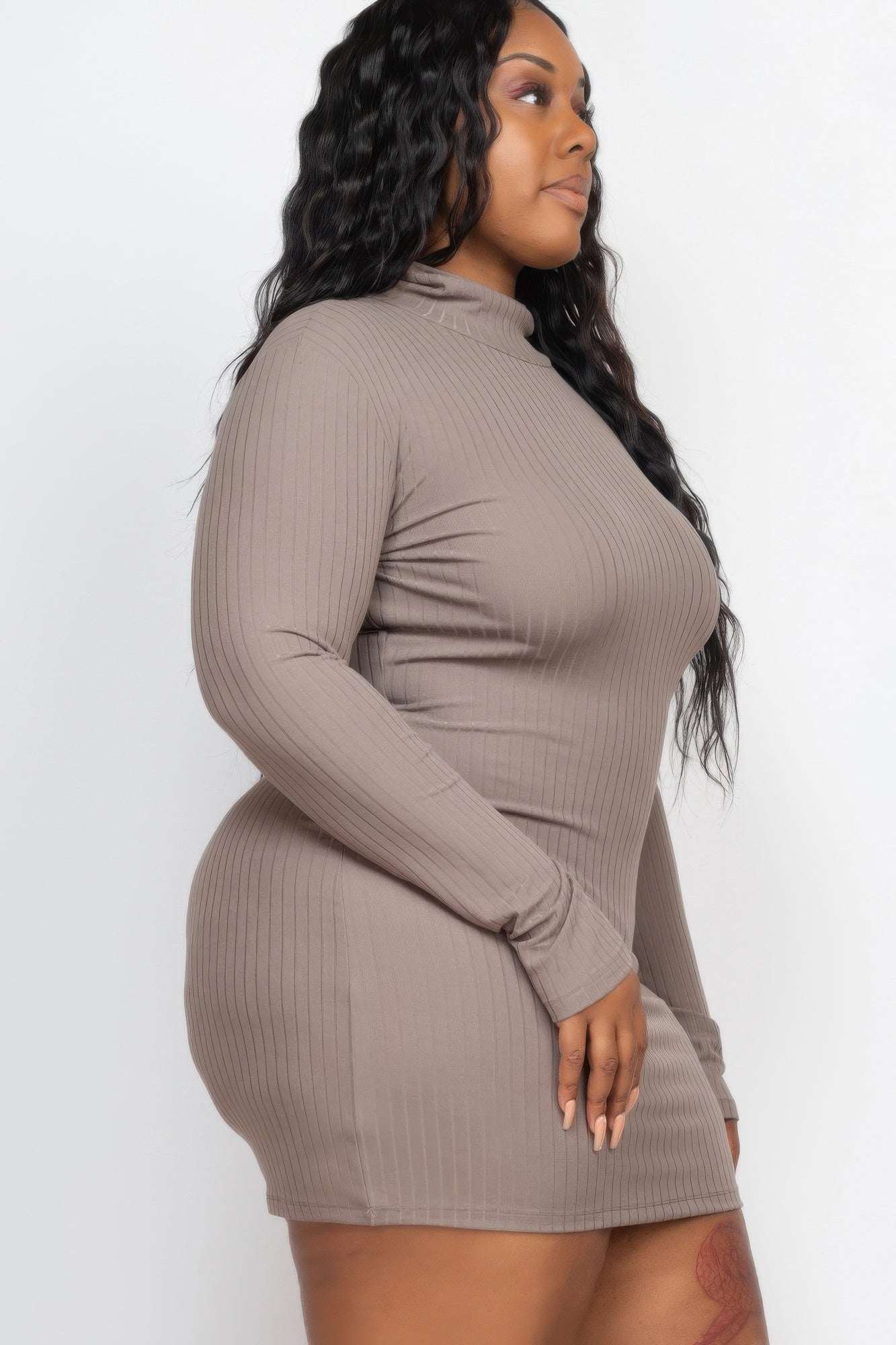 Plus Size Ribbed Long Sleeve Mock Neck Mini Bodycon Dress - Pikemla