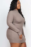 Plus Size Ribbed Long Sleeve Mock Neck Mini Bodycon Dress - Pikemla
