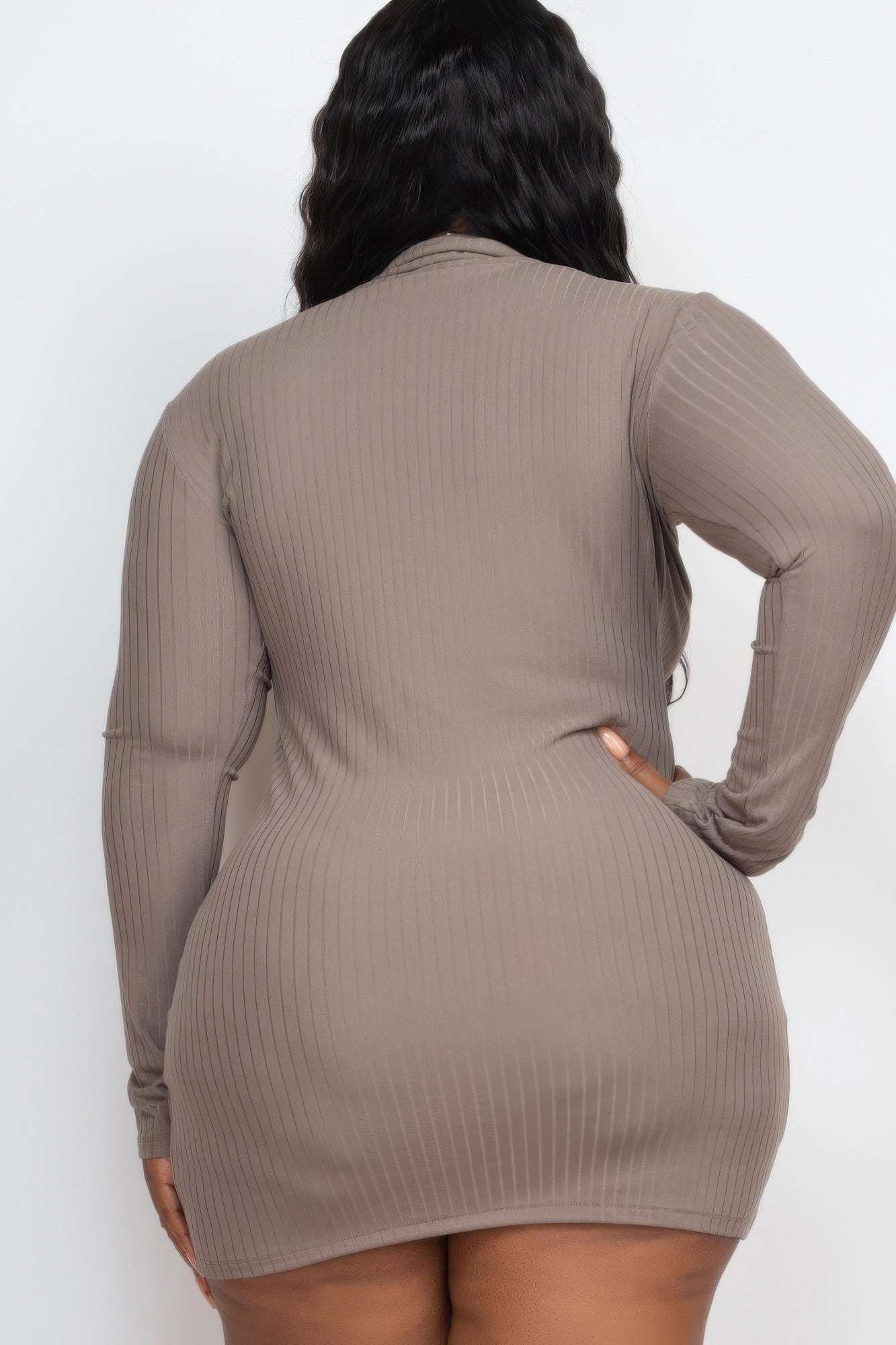 Plus Size Ribbed Long Sleeve Mock Neck Mini Bodycon Dress - Pikemla