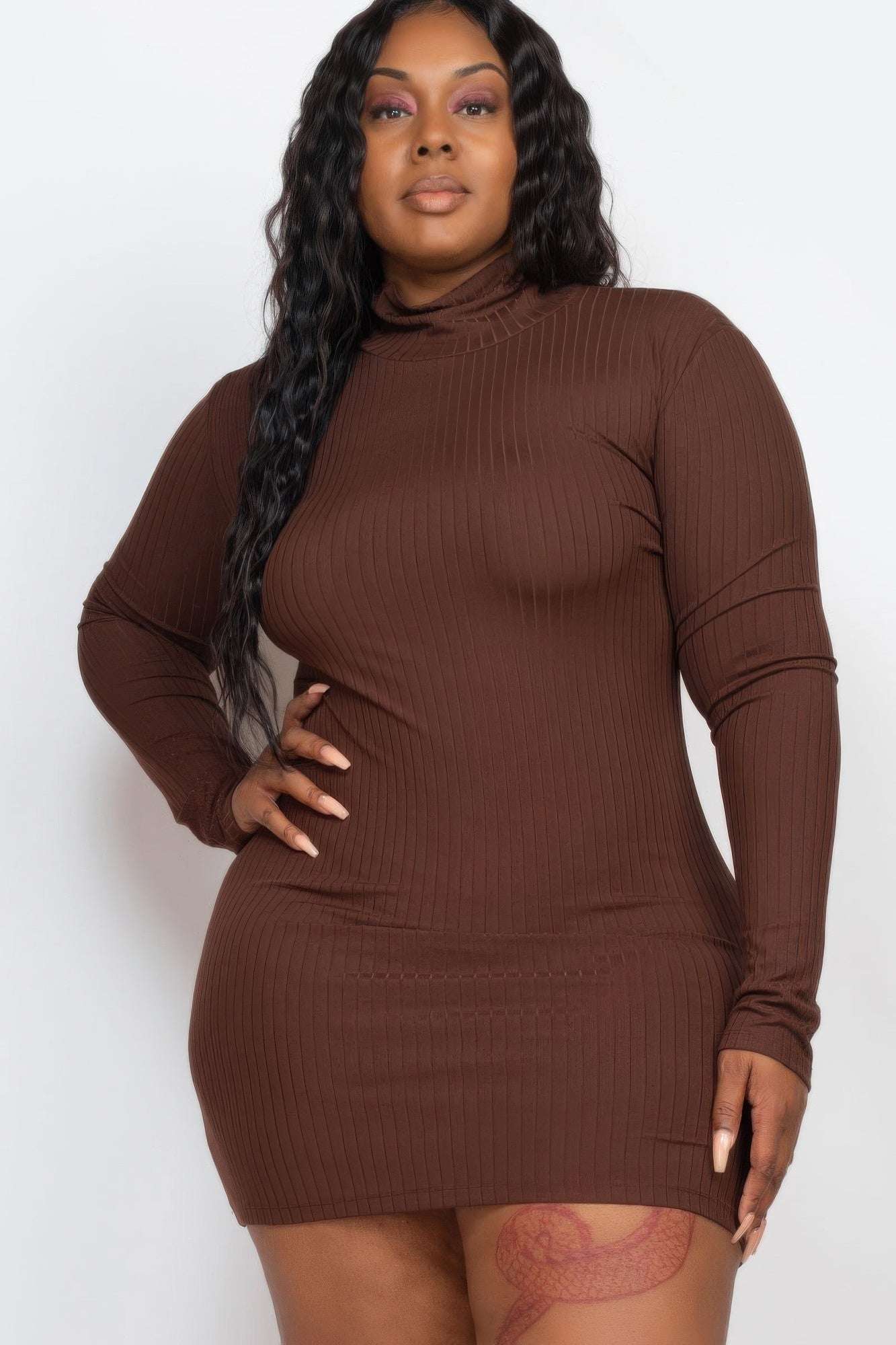 Plus Size Ribbed Long Sleeve Mock Neck Mini Bodycon Dress - Pikemla