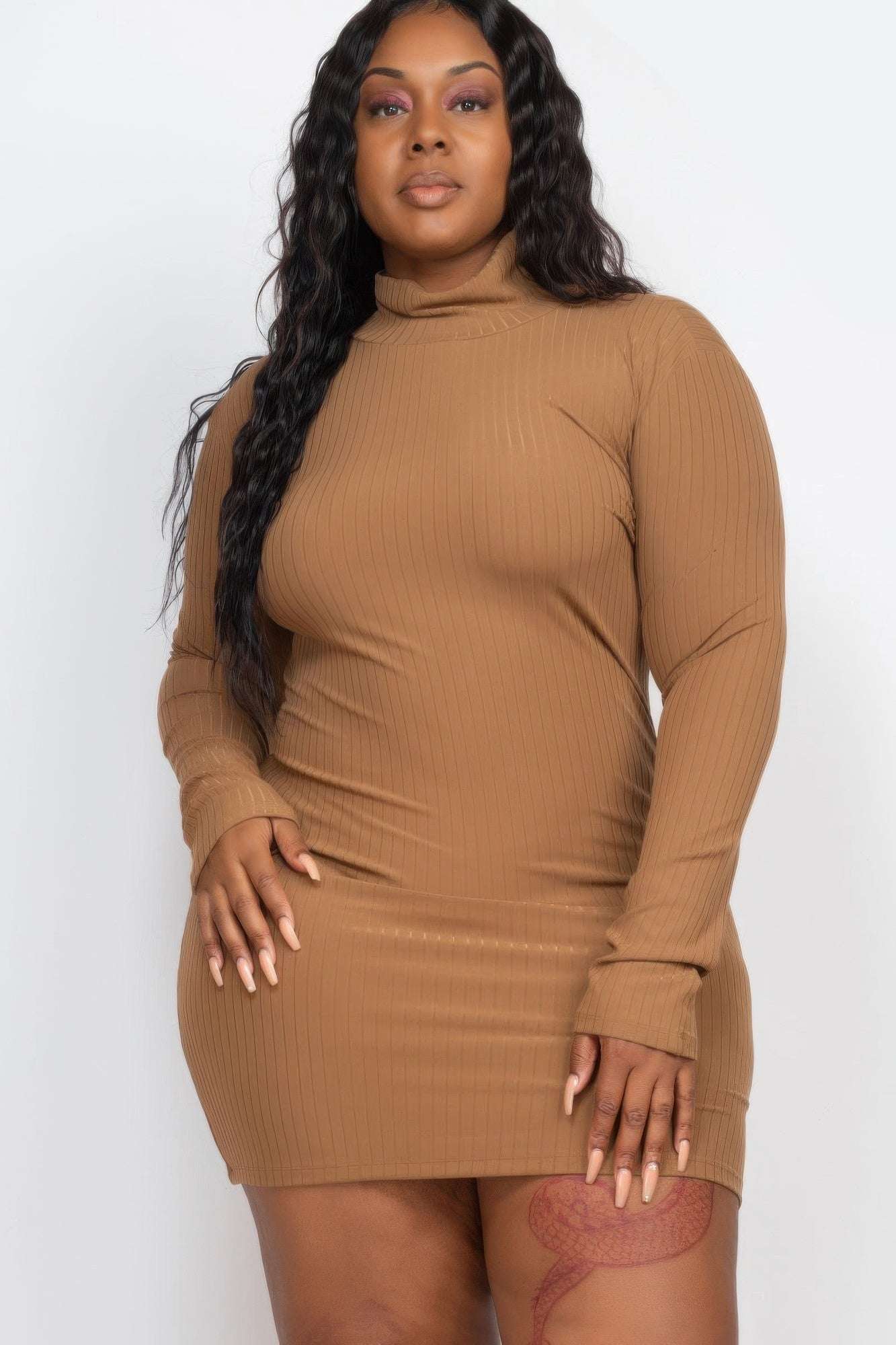 Plus Size Ribbed Long Sleeve Mock Neck Mini Bodycon Dress - Pikemla