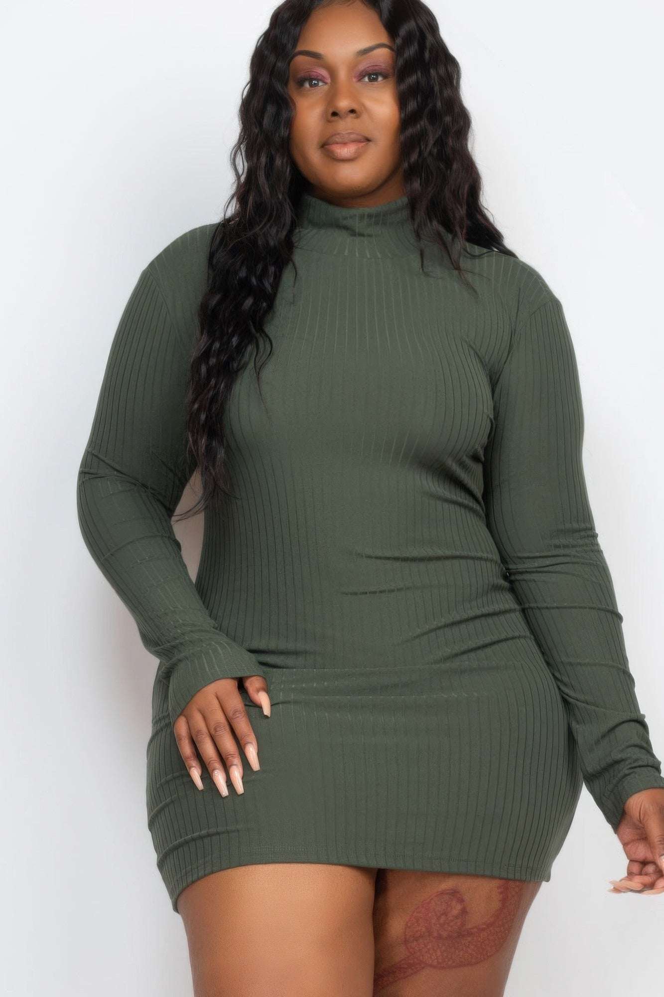 Plus Size Ribbed Long Sleeve Mock Neck Mini Bodycon Dress - Pikemla