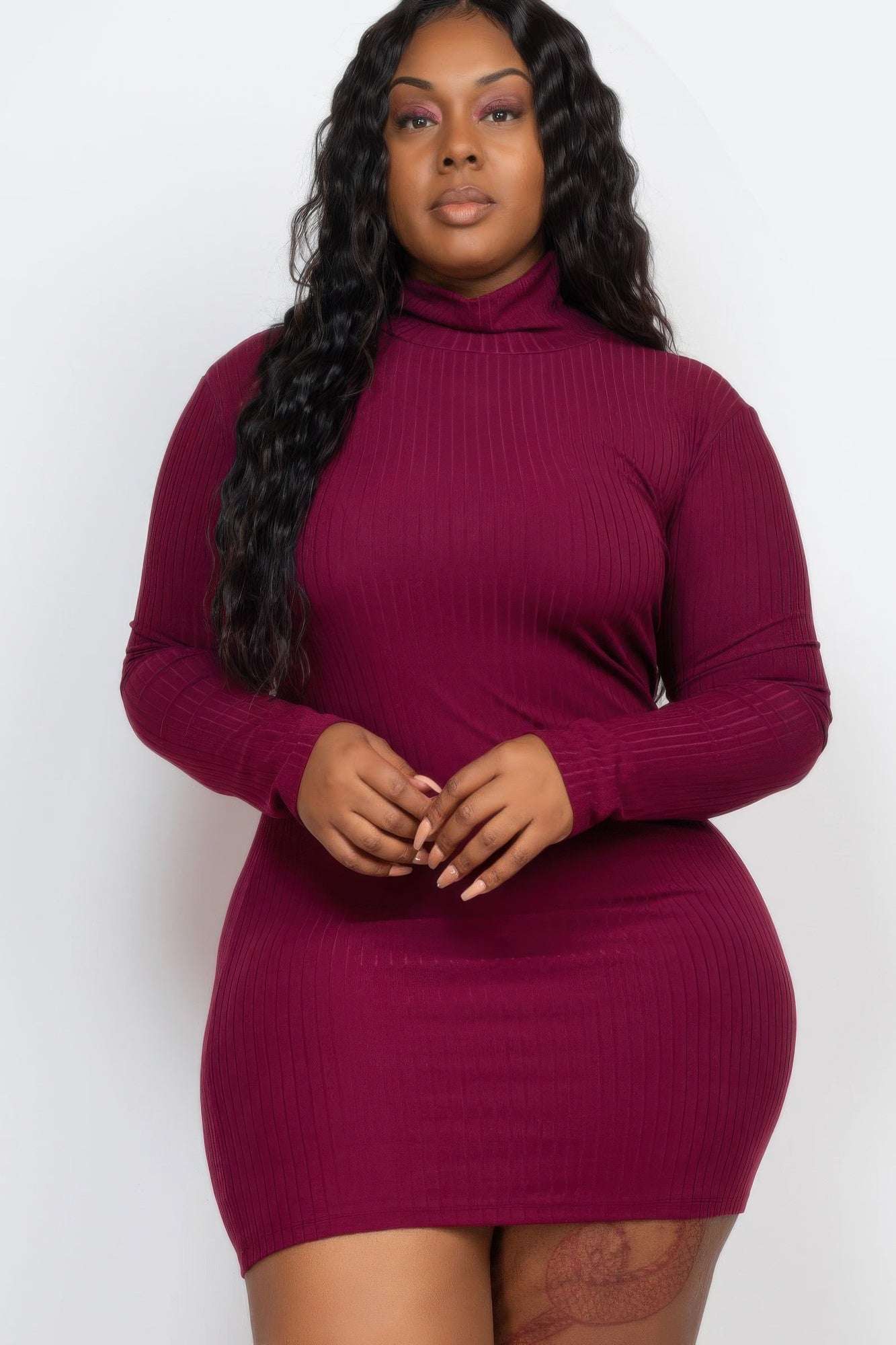 Plus Size Ribbed Long Sleeve Mock Neck Mini Bodycon Dress - Pikemla