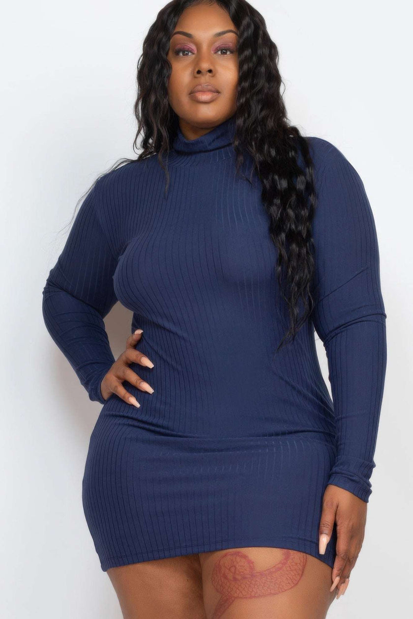 Plus Size Ribbed Long Sleeve Mock Neck Mini Bodycon Dress - Pikemla