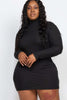 Plus Size Ribbed Long Sleeve Mock Neck Mini Bodycon Dress - Pikemla