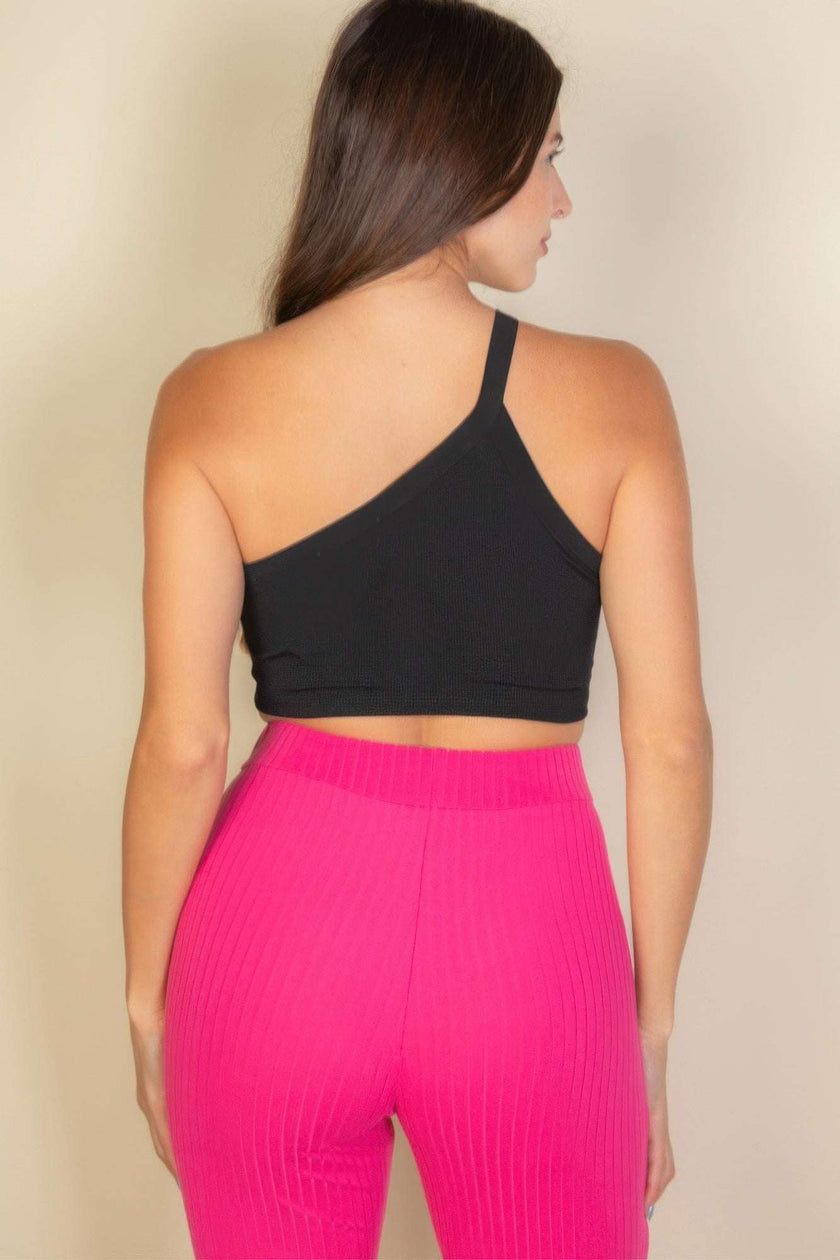 One Shoulder Ribbed Cropped Top - Pikemla
