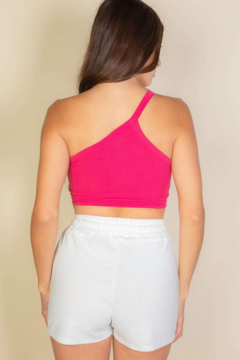 One Shoulder Ribbed Cropped Top - Pikemla