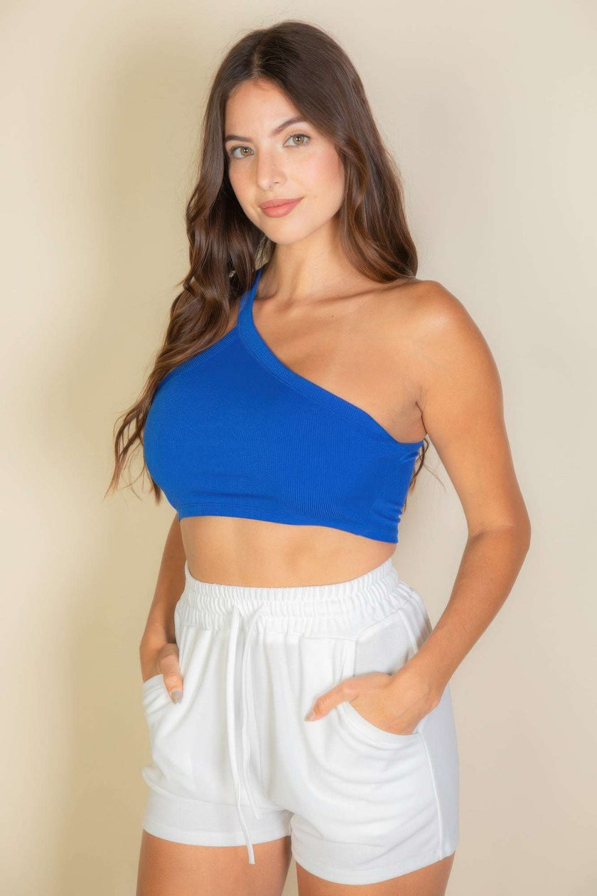 One Shoulder Ribbed Cropped Top - Pikemla