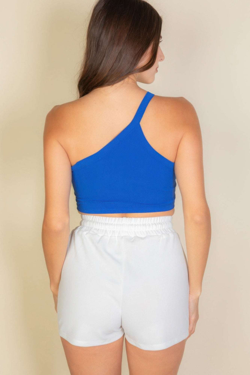 One Shoulder Ribbed Cropped Top - Pikemla
