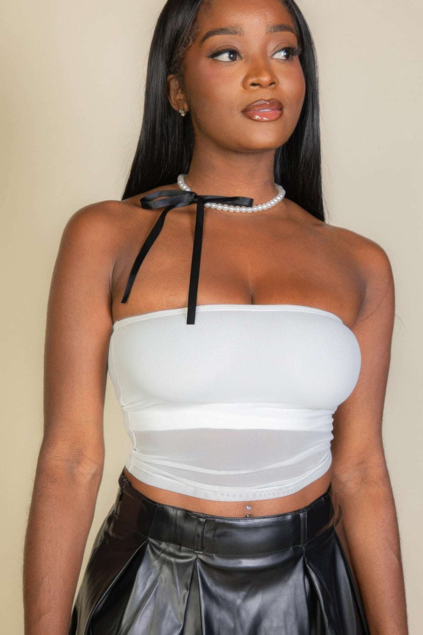 Cropped Strapless Top With Mesh - Pikemla
