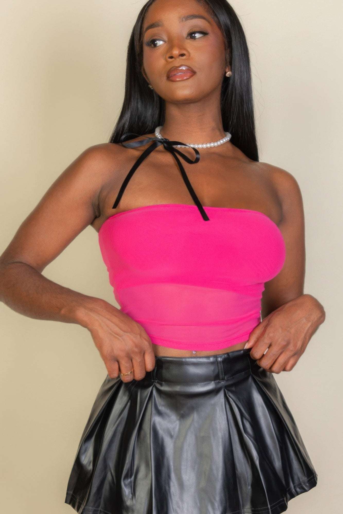 Cropped Strapless Top With Mesh - Pikemla