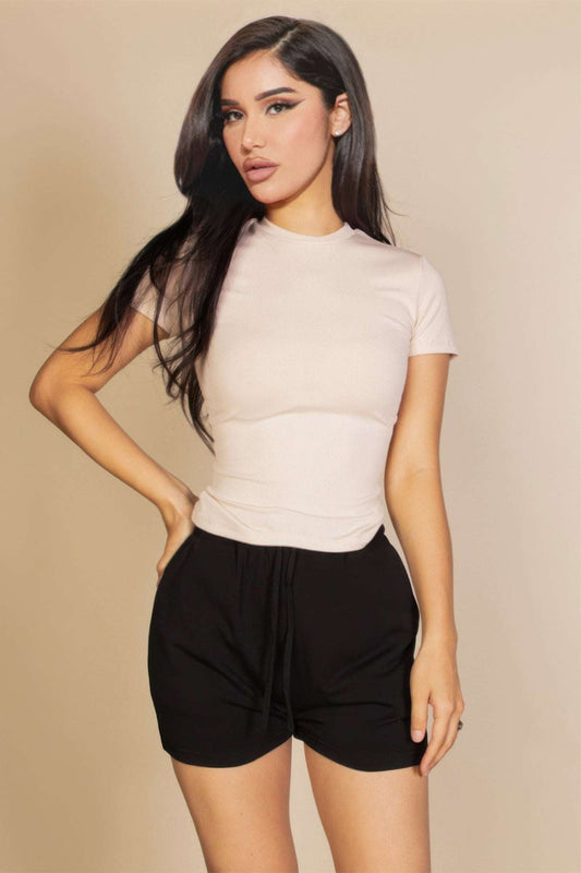 Ribbed Round Neck Short Sleeve Top - Pikemla