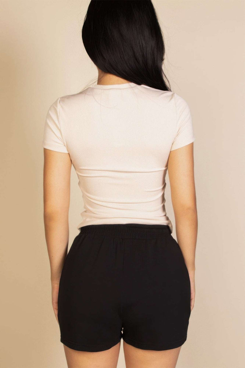 Ribbed Round Neck Short Sleeve Top - Pikemla