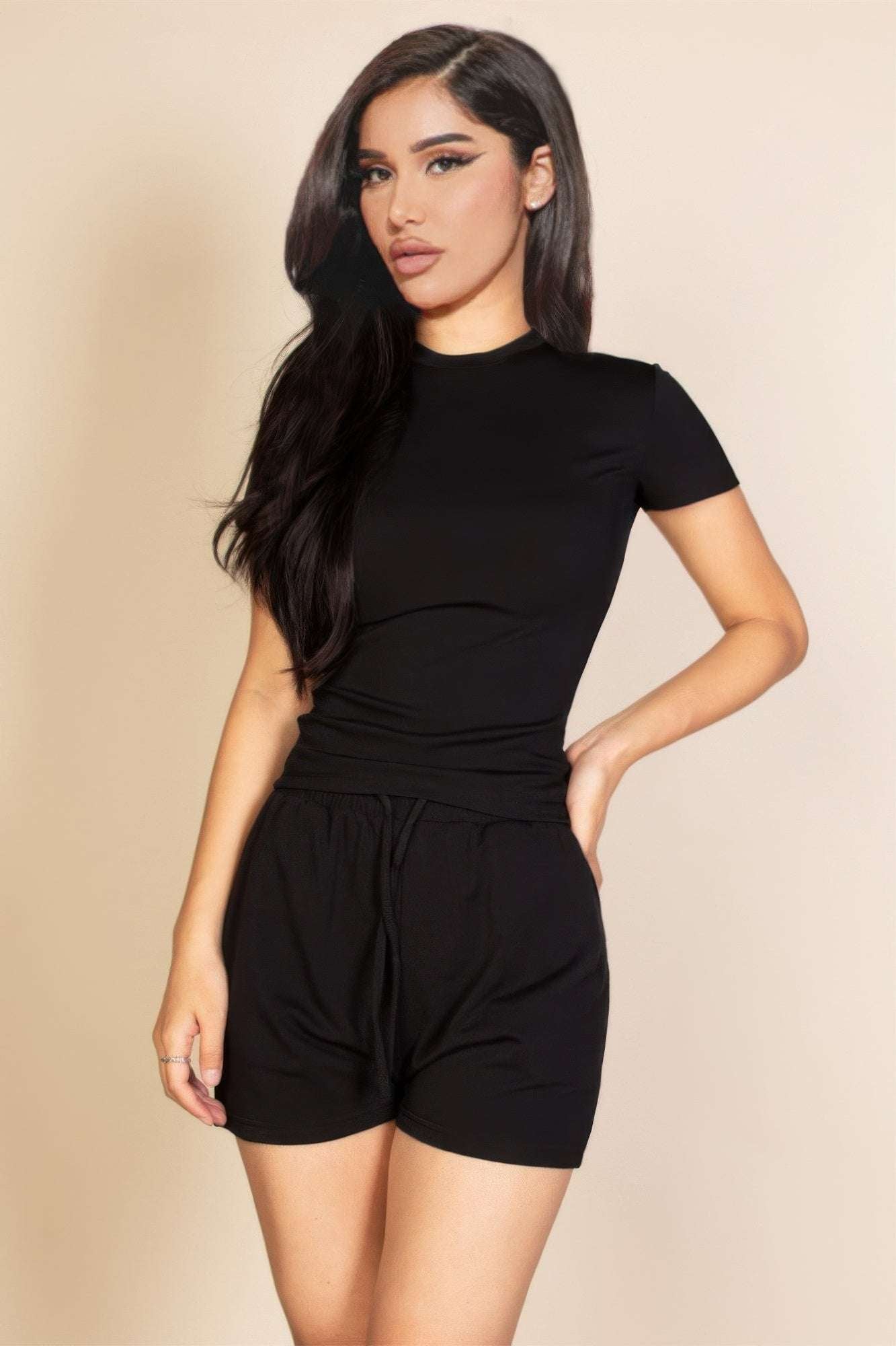 Ribbed Round Neck Short Sleeve Top - Pikemla
