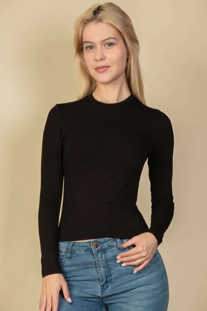 Ribbed Round Neck Long Sleeve Top - Pikemla