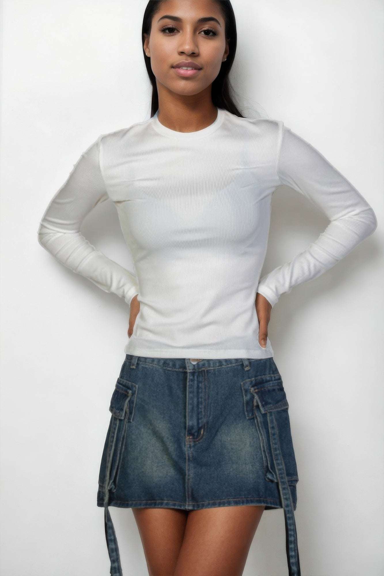 Ribbed Round Neck Long Sleeve Top - Pikemla