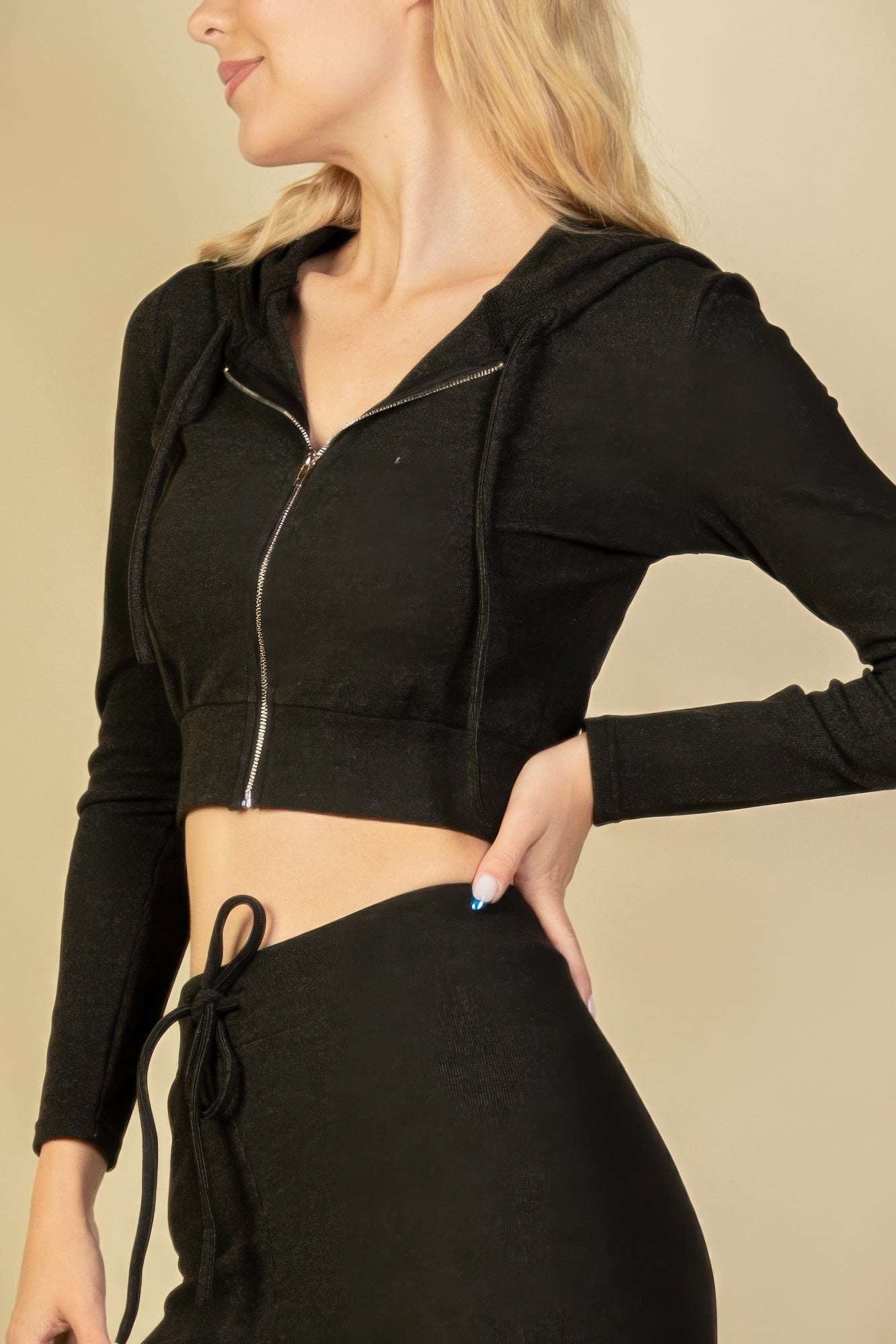 Ribbed Crop Zip Hoodie - Pikemla