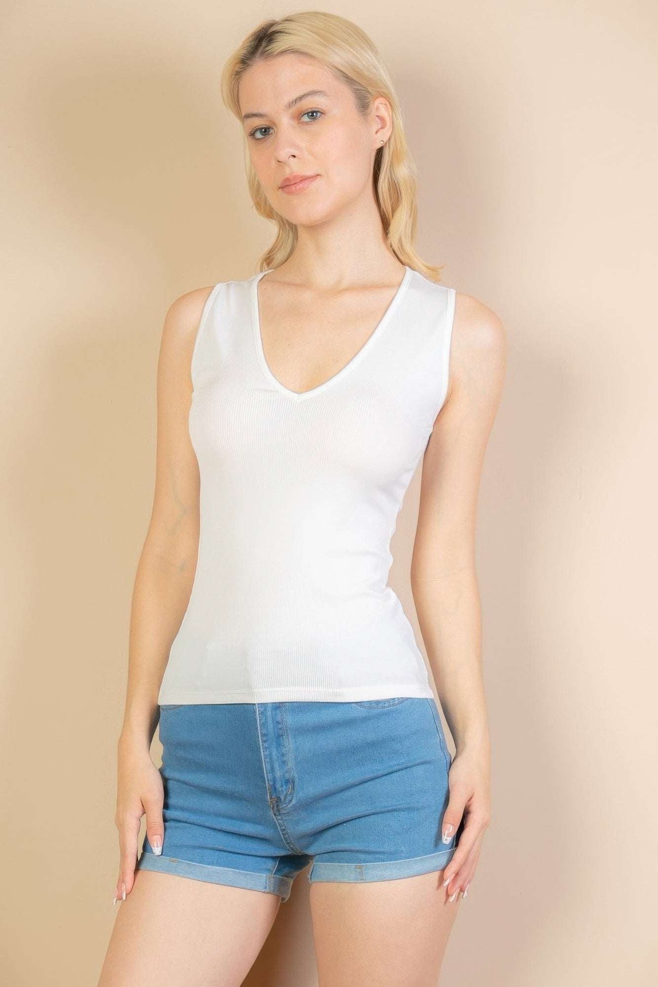 Ribbed V-neck Sleeveless Top - Pikemla