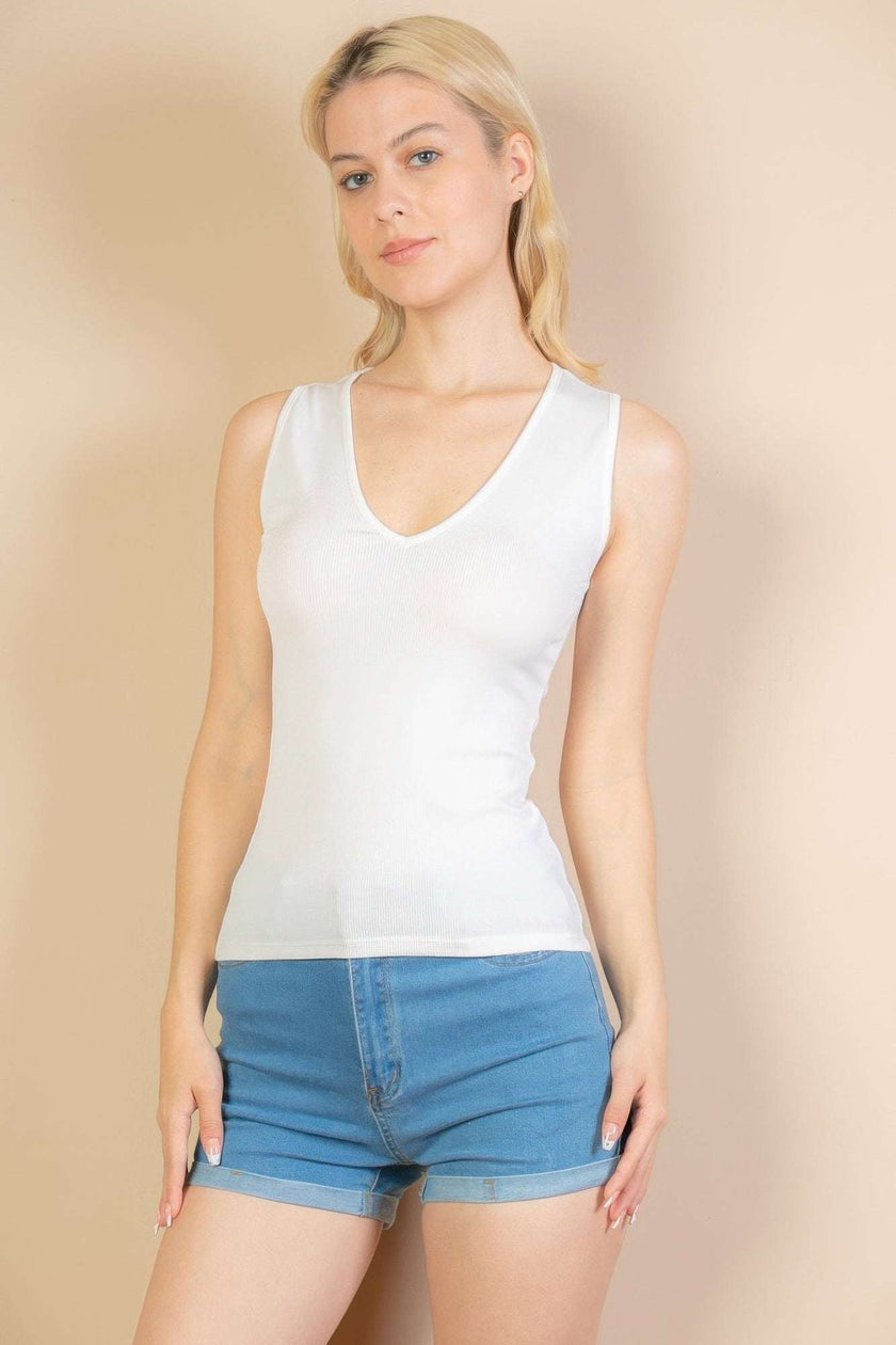 Ribbed V-neck Sleeveless Top - Pikemla