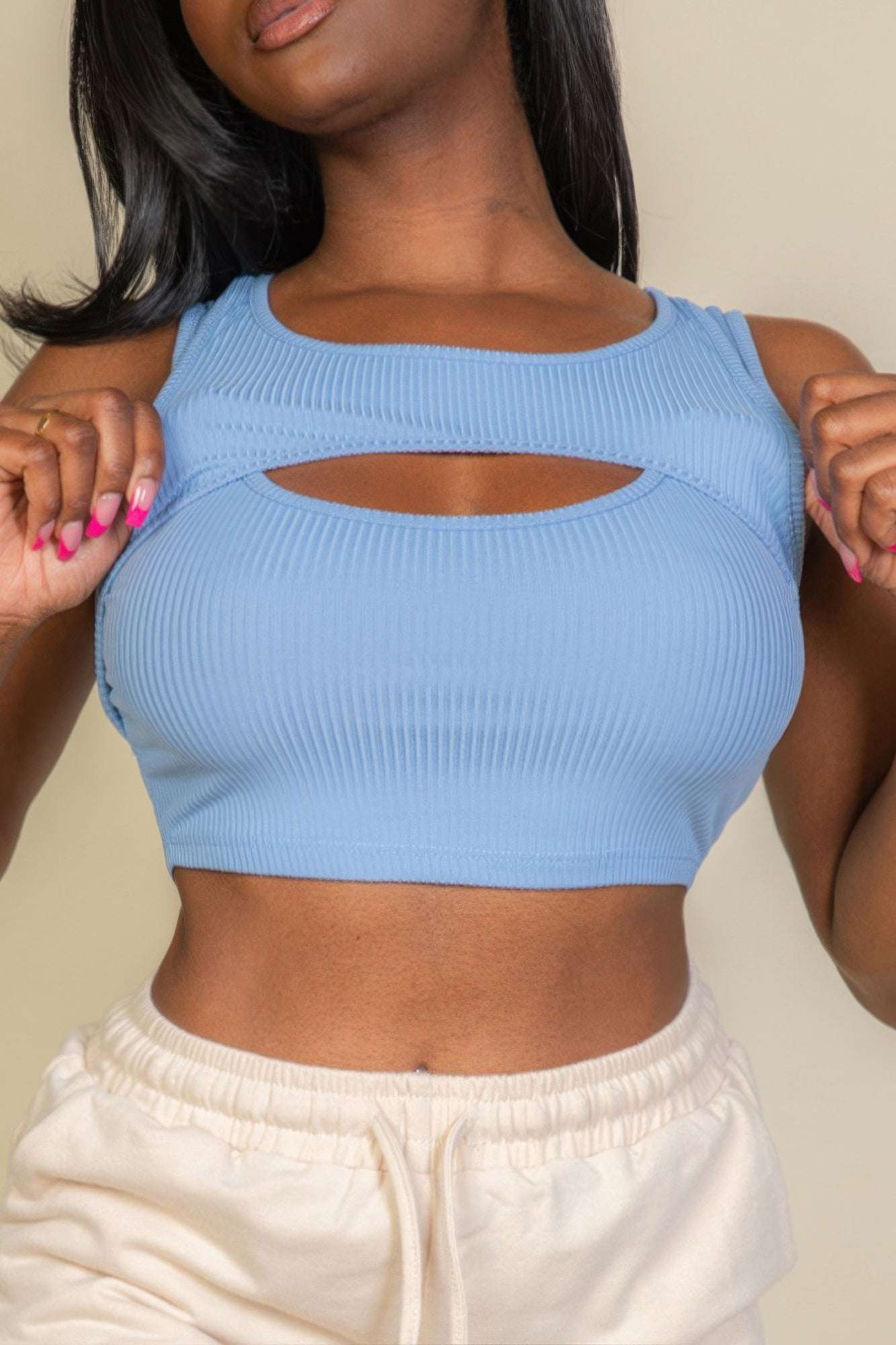Ribbed Cut Out Front Crop Top - Pikemla