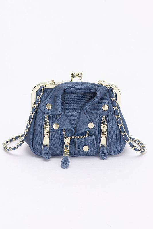 Faux Denim Leather Jacket Style Crossbody Bag - Pikemla