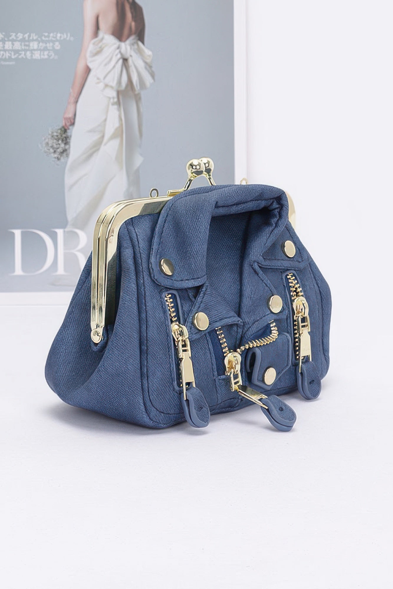 Faux Denim Leather Jacket Style Crossbody Bag - Pikemla
