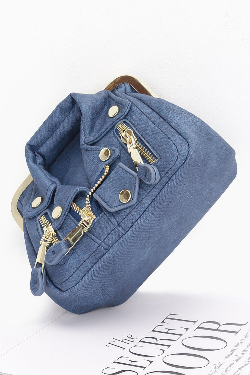 Faux Denim Leather Jacket Style Crossbody Bag - Pikemla