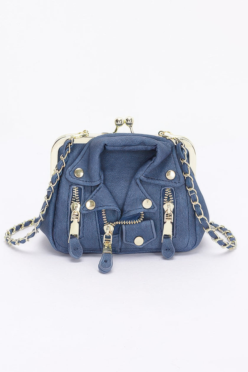 Faux Denim Leather Jacket Style Crossbody Bag - Pikemla