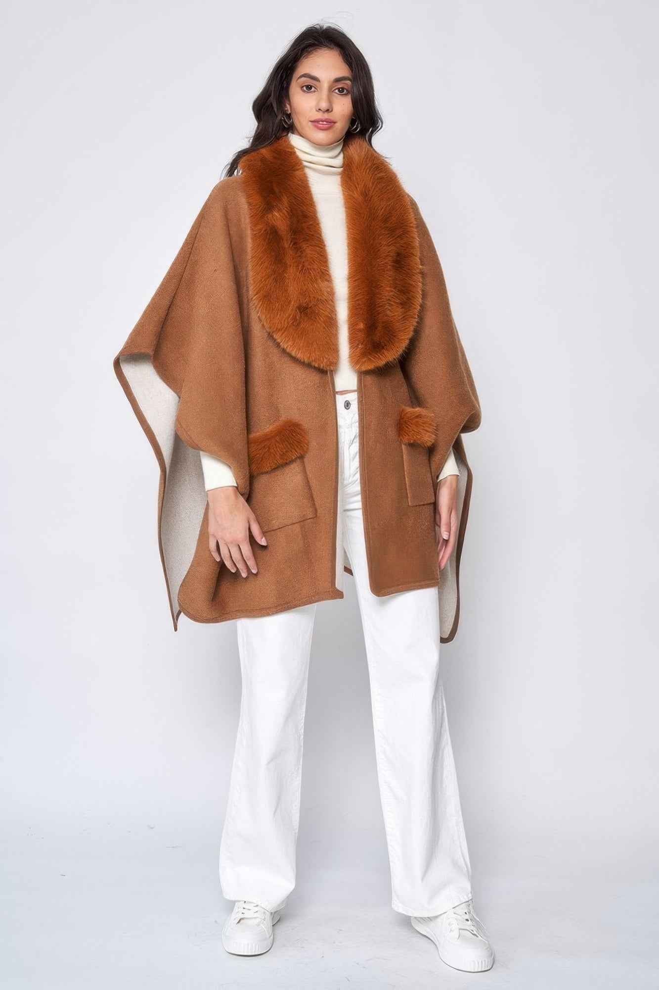 Faux Fur Collar Kimono - Pikemla