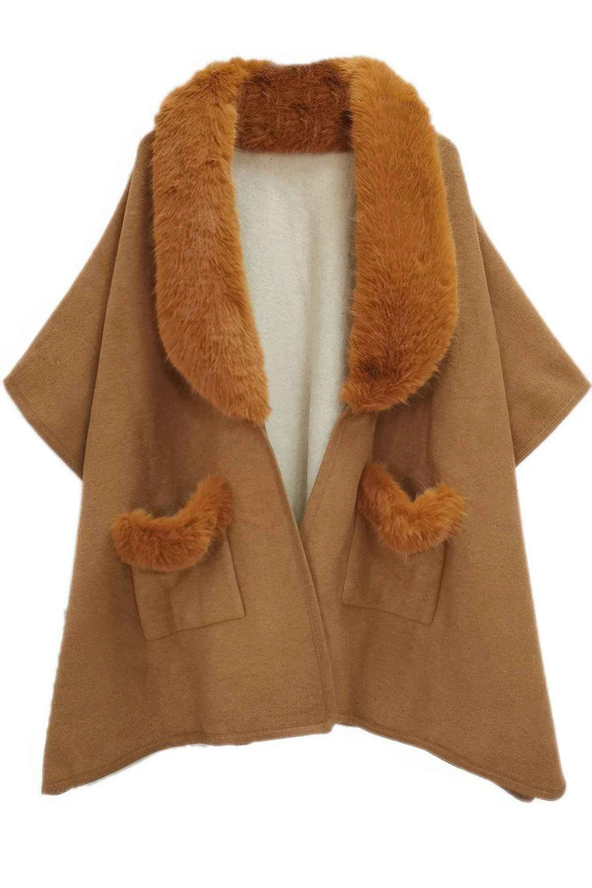 Faux Fur Collar Kimono - Pikemla