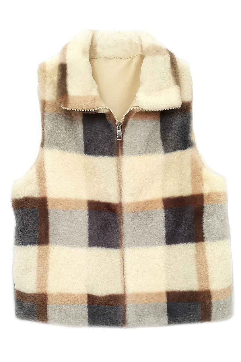 Plaid Faux Fur Vest - Pikemla