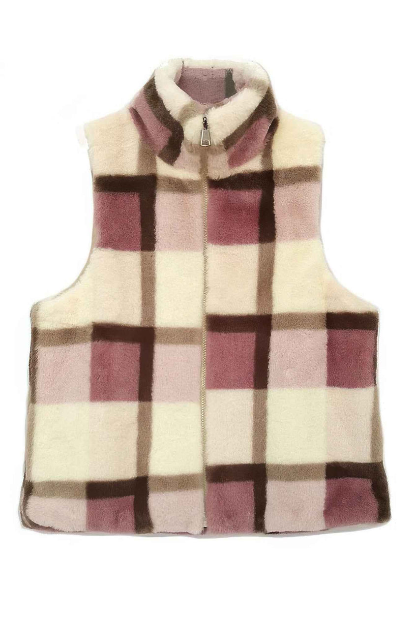 Plaid Faux Fur Vest - Pikemla