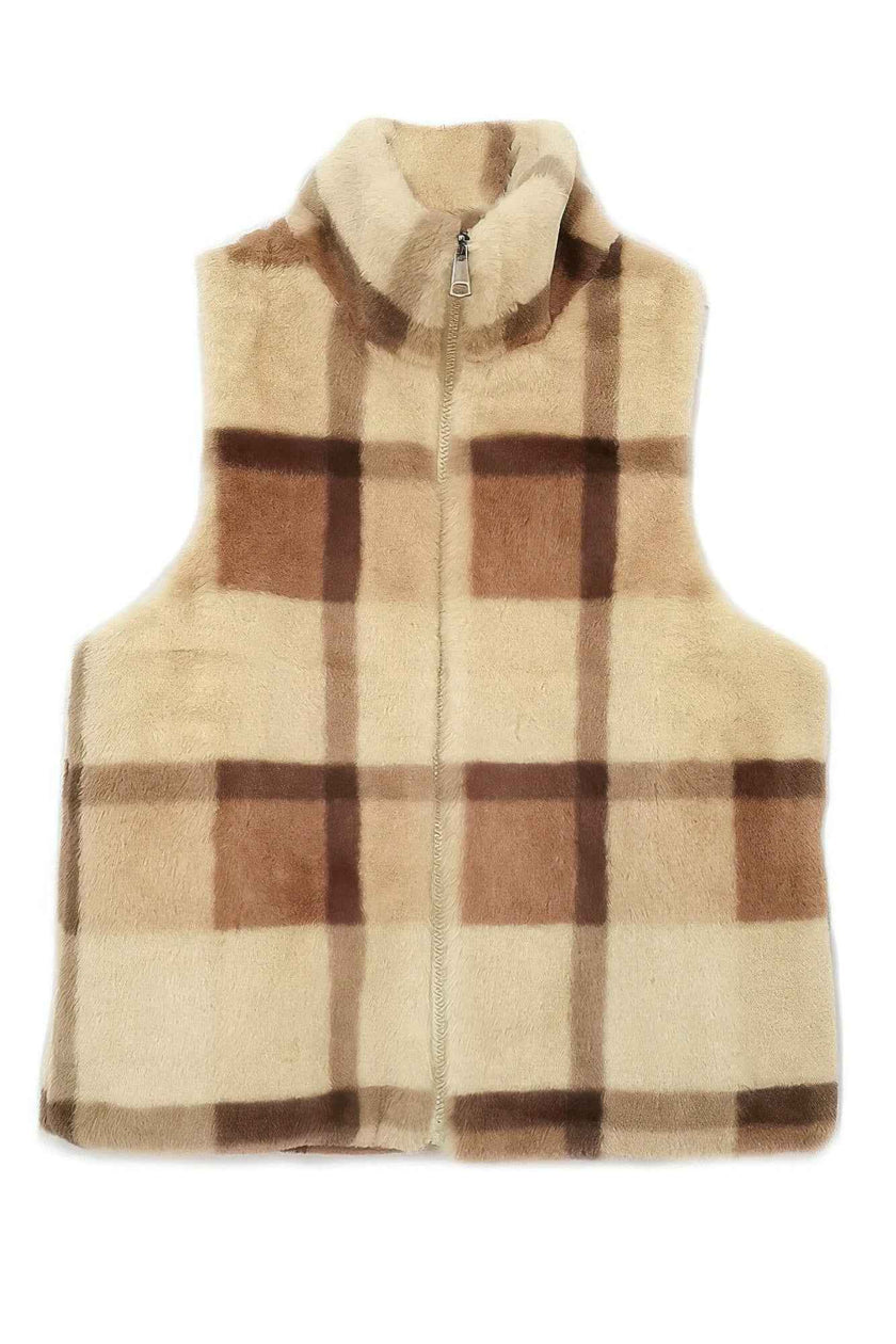 Plaid Faux Fur Vest - Pikemla