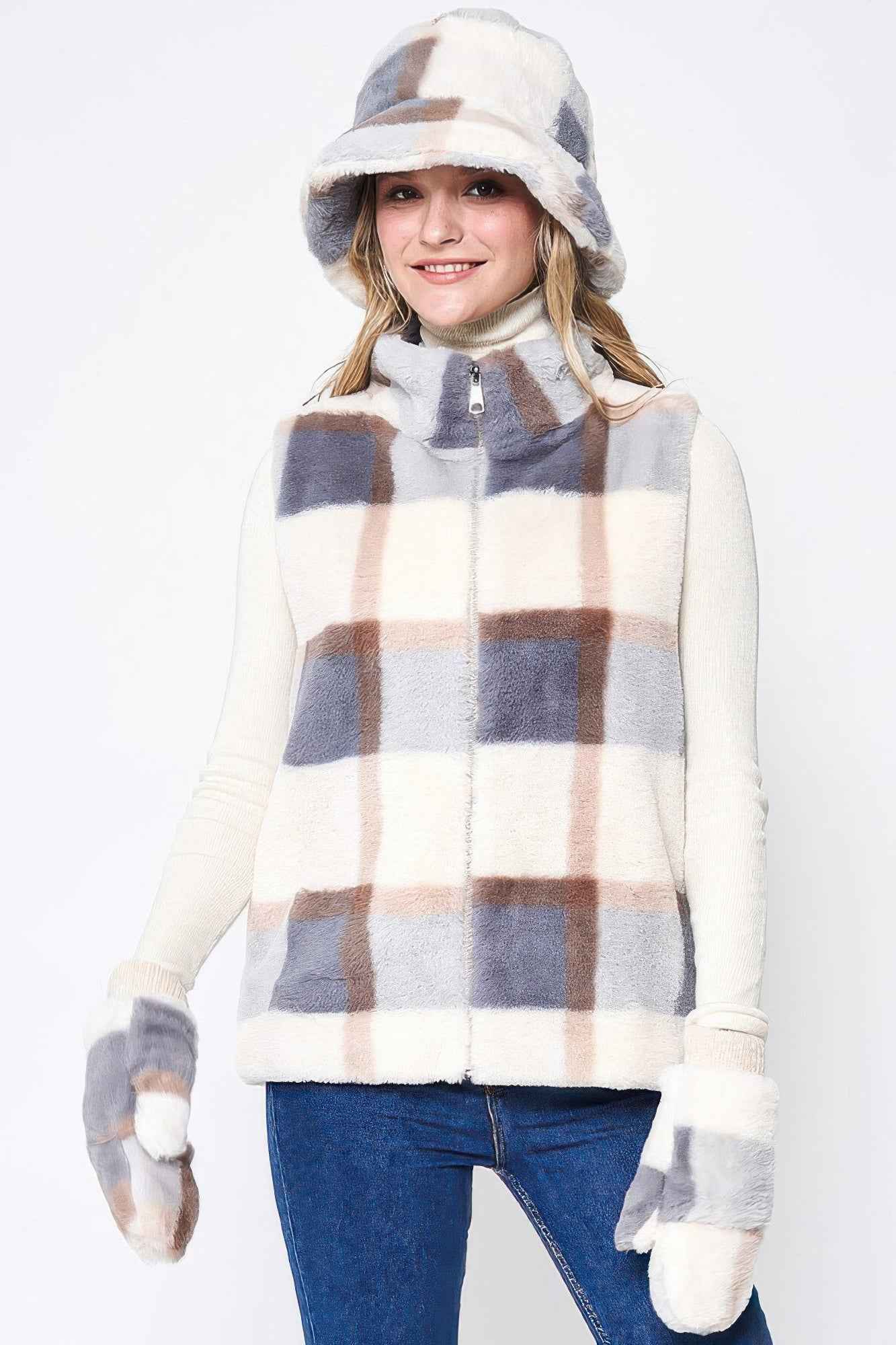 Plaid Faux Fur Vest - Pikemla