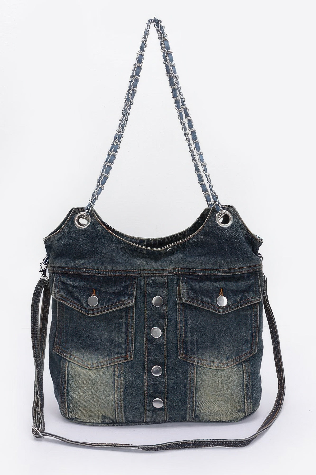 Washed Denim Double Pockets Tote Bag - Pikemla