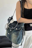 Washed Denim Double Pockets Tote Bag - Pikemla