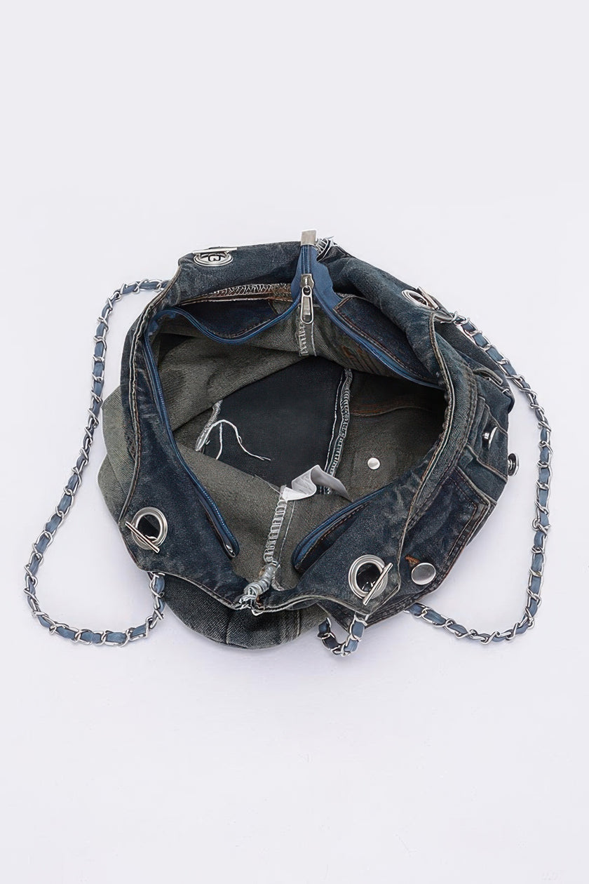 Washed Denim Double Pockets Tote Bag - Pikemla