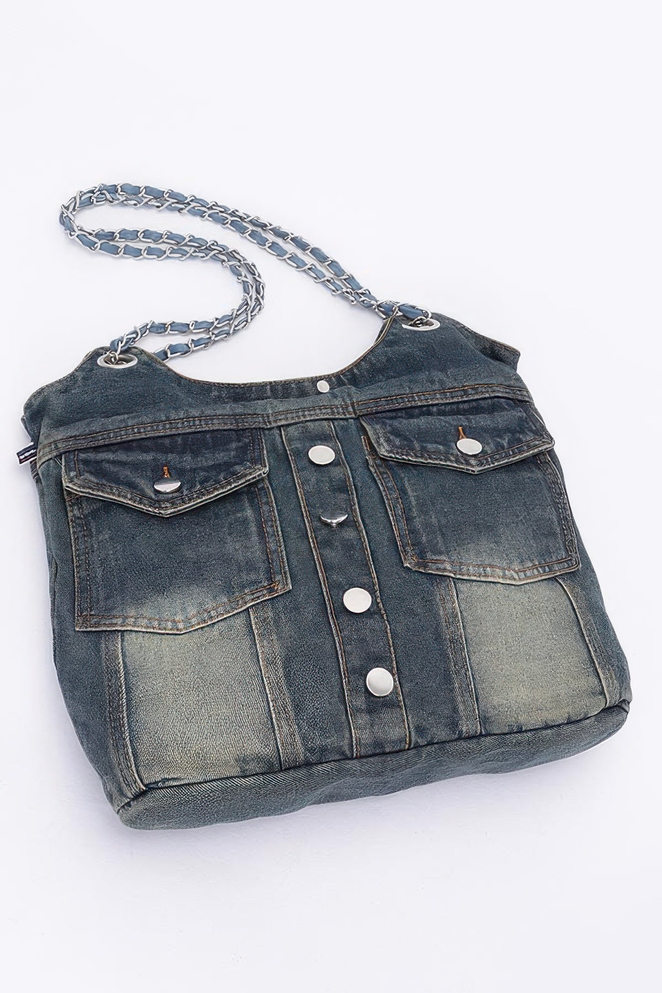 Washed Denim Double Pockets Tote Bag - Pikemla