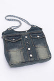 Washed Denim Double Pockets Tote Bag - Pikemla