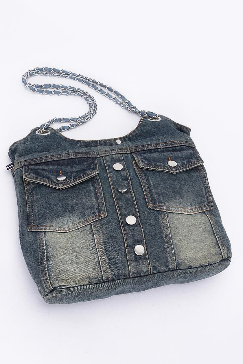 Washed Denim Double Pockets Tote Bag - Pikemla
