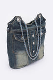 Washed Denim Double Pockets Tote Bag - Pikemla