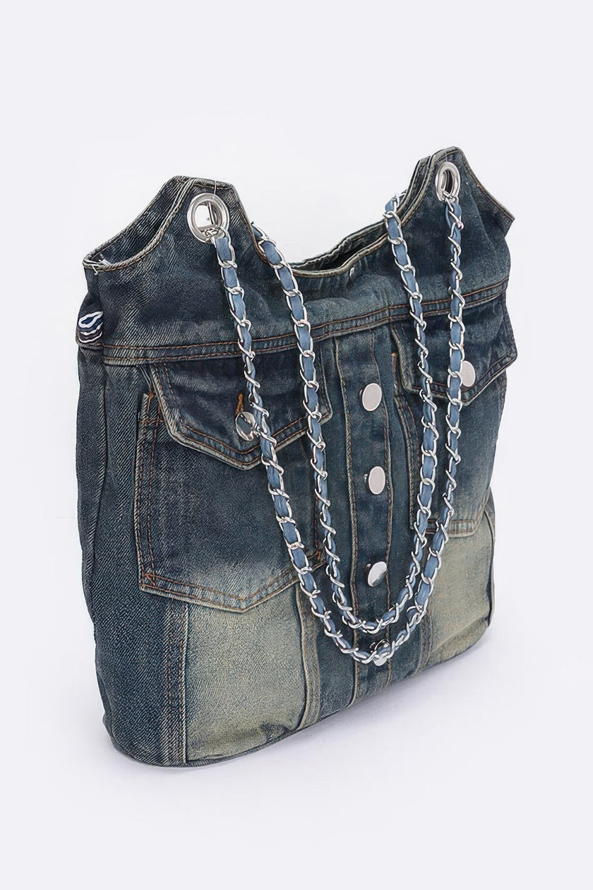 Washed Denim Double Pockets Tote Bag - Pikemla