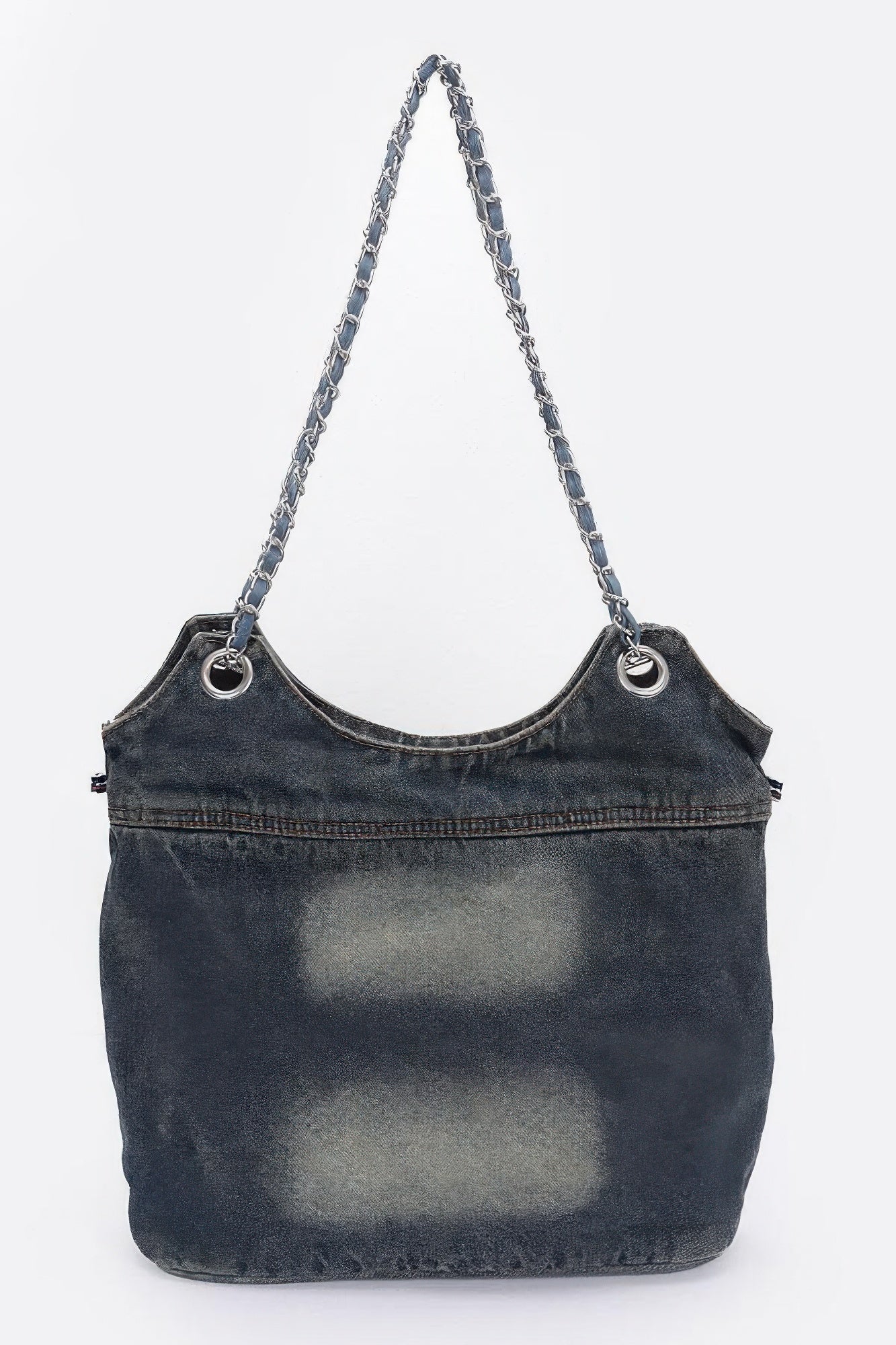 Washed Denim Double Pockets Tote Bag - Pikemla