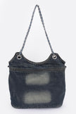 Washed Denim Double Pockets Tote Bag - Pikemla