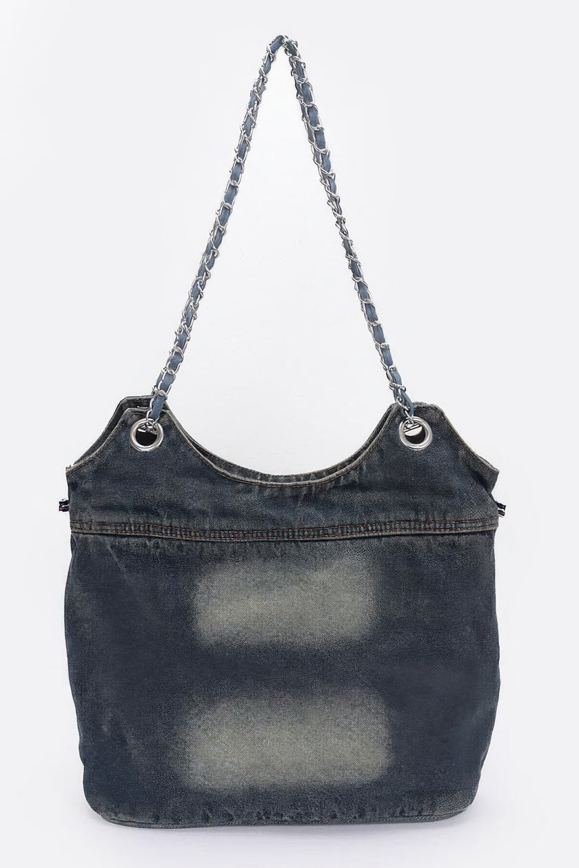 Washed Denim Double Pockets Tote Bag - Pikemla