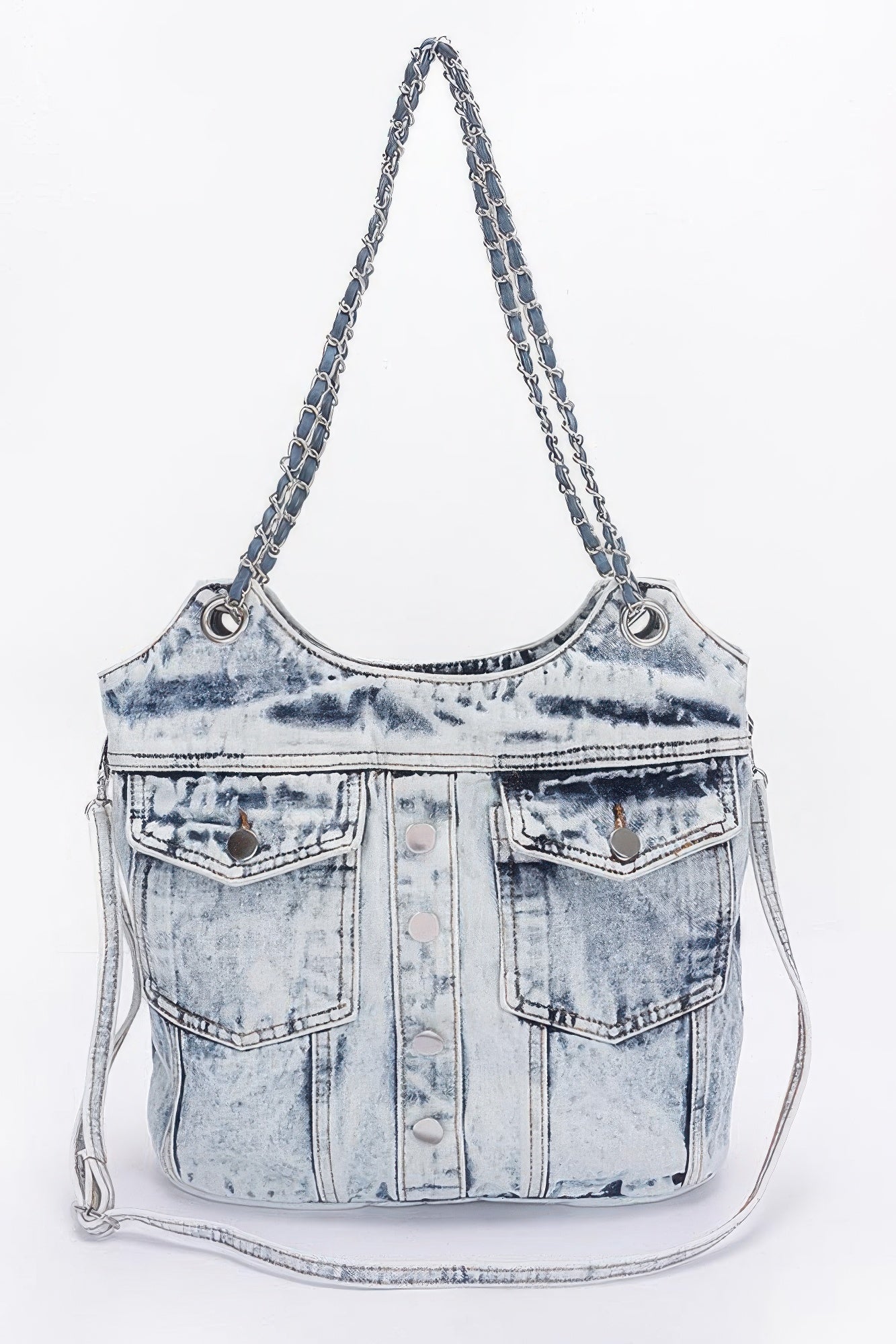 Washed Denim Double Pockets Tote Bag - Pikemla