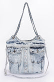 Washed Denim Double Pockets Tote Bag - Pikemla